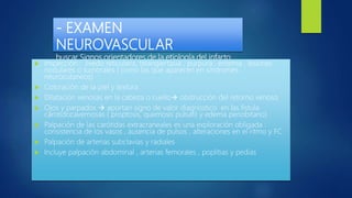 - EXAMEN
NEUROVASCULAR
buscar Signos orientadores de la etiología del infarto
cerebral Inspección : livedo reticularis, telangiertasia , purpura , eritema , lesiones
nodulares o tumorales ( como las que aparecen en síndromes
neurocutaneos)
 Coloración de la piel y textura
 Dilatación venosas en la cabeza o cuello obstrucción del retorno venoso
 Ojos y parpados  aportan signo de valor diagnostico en las fistula
carotidocavernosas ( proptosis, quemosis pulsatil y edema periobitario)
 Palpación de las carótidas extracraneales es una exploración obligada :
consistencia de los vasos , ausencia de pulsos , alteraciones en el ritmo y FC
 Palpación de arterias subclavias y radiales
 Incluye palpación abdominal , arterias femorales , poplitias y pedias
 