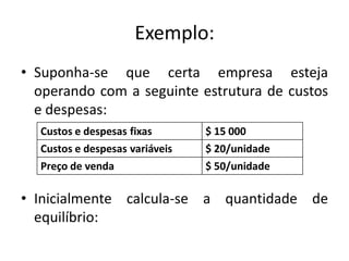 Exemplo:
• Suponha-se que certa empresa esteja
operando com a seguinte estrutura de custos
e despesas:
• Inicialmente calcula-se a quantidade de
equilíbrio:
Custos e despesas fixas $ 15 000
Custos e despesas variáveis $ 20/unidade
Preço de venda $ 50/unidade
 