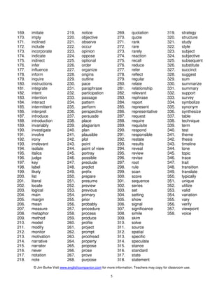 © Jim Burke Visit www.englishcompanion.com for more information. Teachers may copy for classroom use. 
5 
169. imitate 
170. imply 
171. inclined 
172. include 
173. incorporate 
174. indicate 
175. indirect 
176. infer 
177. influence 
178. inform 
179. inquire 
180. instructions 
181. integrate 
182. intent 
183. intention 
184. interact 
185. intermittent 
186. interpret 
187. introduce 
188. introduction 
189. invariably 
190. investigate 
191. involve 
192. irony 
193. irrelevant 
194. isolate 
195. italics 
196. judge 
197. key 
198. label 
199. likely 
200. list 
201. literal 
202. locate 
203. logical 
204. main 
205. margin 
206. mean 
207. measure 
208. metaphor 
209. method 
210. model 
211. modify 
212. monitor 
213. motivation 
214. narrative 
215. narrator 
216. never 
217. notation 
218. note 
219. notice 
220. objective 
221. observe 
222. occur 
223. opinion 
224. oppose 
225. optional 
226. order 
227. organize 
228. origins 
229. outline 
230. pace 
231. paraphrase 
232. participation 
233. passage 
234. pattern 
235. perform 
236. perspective 
237. persuade 
238. place 
239. plagiarism 
240. plan 
241. plausible 
242. plot 
243. point 
244. point of view 
245. portray 
246. possible 
247. preclude 
248. predict 
249. prefix 
250. prepare 
251. presume 
252. preview 
253. previous 
254. primary 
255. prior 
256. probably 
257. procedure 
258. process 
259. produce 
260. profile 
261. project 
262. prompt 
263. proofread 
264. property 
265. propose 
266. prose 
267. prove 
268. purpose 
269. quotation 
270. quote 
271. rank 
272. rare 
273. rarely 
274. reaction 
275. recall 
276. reduce 
277. refer 
278. reflect 
279. regular 
280. relate 
281. relationship 
282. relevant 
283. rephrase 
284. report 
285. represent 
286. representative 
287. request 
288. require 
289. requisite 
290. respond 
291. responsible 
292. restate 
293. results 
294. reveal 
295. review 
296. revise 
297. root 
298. rule 
299. scan 
300. score 
301. sequence 
302. series 
303. set 
304. setting 
305. show 
306. signal 
307. significance 
308. simile 
309. skim 
310. solve 
311. source 
312. spatial 
313. specific 
314. speculate 
315. stance 
316. standard 
317. state 
318. statement 
319. strategy 
320. structure 
321. study 
322. style 
323. subject 
324. subjective 
325. subsequent 
326. substitute 
327. succinct 
328. suggest 
329. sum 
330. summarize 
331. summary 
332. support 
333. survey 
334. symbolize 
335. synonym 
336. synthesize 
337. table 
338. technique 
339. term 
340. test 
341. theme 
342. thesis 
343. timeline 
344. tone 
345. topic 
346. trace 
347. trait 
348. transition 
349. translate 
350. typically 
351. unique 
352. utilize 
353. valid 
354. variation 
355. vary 
356. verify 
357. viewpoint 
358. voice 
 