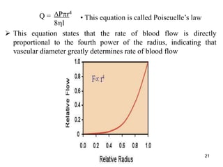  This equation states that the rate of blood flow is directly
proportional to the fourth power of the radius, indicating that
vascular diameter greatly determines rate of blood flow
21
Pr4
8l
Q = • This equation is called Poiseuelle’s law
 