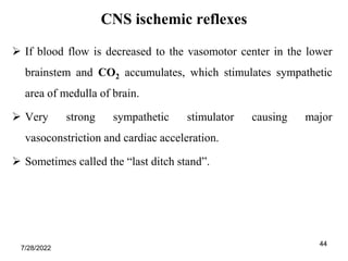 44
44
CNS ischemic reflexes
 If blood flow is decreased to the vasomotor center in the lower
brainstem and CO2 accumulates, which stimulates sympathetic
area of medulla of brain.
 Very strong sympathetic stimulator causing major
vasoconstriction and cardiac acceleration.
 Sometimes called the “last ditch stand”.
7/28/2022
 