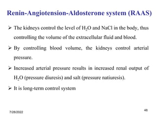 48
Renin-Angiotension-Aldosterone system (RAAS)
 The kidneys control the level of H2O and NaCl in the body, thus
controlling the volume of the extracellular fluid and blood.
 By controlling blood volume, the kidneys control arterial
pressure.
 Increased arterial pressure results in increased renal output of
H2O (pressure diuresis) and salt (pressure natiuresis).
 It is long-term control system
7/28/2022
 