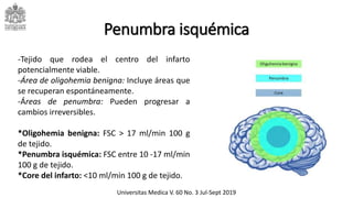 Penumbra isquémica
-Tejido que rodea el centro del infarto
potencialmente viable.
-Área de oligohemia benigna: Incluye áreas que
se recuperan espontáneamente.
-Áreas de penumbra: Pueden progresar a
cambios irreversibles.
*Oligohemia benigna: FSC > 17 ml/min 100 g
de tejido.
*Penumbra isquémica: FSC entre 10 -17 ml/min
100 g de tejido.
*Core del infarto: <10 ml/min 100 g de tejido.
Universitas Medica V. 60 No. 3 Jul-Sept 2019
 