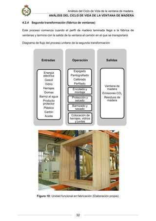 Análisis del Ciclo de Vida de la ventana de madera.
ANÁLISIS DEL CICLO DE VIDA DE LA VENTANA DE MADERA
32
4.2.4 Segunda transformación (fábrica de ventanas)
Este proceso comienza cuando el perfil de madera laminada llega a la fábrica de
ventanas y termina con la salida de la ventana al camión en el que se transportará.
Diagrama de flujo del proceso unitario de la segunda transformación:
Figura 10: Unidad funcional en fabricación (Elaboración propia).
Entradas
Energía
eléctrica
Gasoil
Vidrio
Herrajes
Gomas
Barniz al agua
Producto
protector
Plástico
Cartón
Aceite
Operación
Espigado
Pantografiado
Calibrado
Perfilado
Encolado y
montaje
Protección y
secado
Barnizado y
secado
Colocación de
herrajes, vidrios
y juntas
Salidas
Ventana de
madera
Emisiones CO2
Residuos de
madera
 