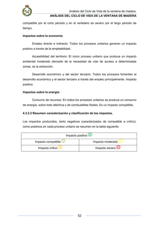 Análisis del Ciclo de Vida de la ventana de madera.
ANÁLISIS DEL CICLO DE VIDA DE LA VENTANA DE MADERA
52
compatible por el corto periodo y en el vertedero es severo por el largo periodo de
tiempo.
Impactos sobre la economía:
Empleo directo e indirecto: Todos los procesos unitarios generan un impacto
positivo a través de la empleabilidad.
Accesibilidad del territorio: El único proceso unitario que produce un impacto
ambiental moderado derivado de la necesidad de vías de acceso a determinadas
zonas, es la extracción.
Desarrollo económico y del sector terciario: Todos los procesos fomentan el
desarrollo económico y el sector terciario a través del empleo principalmente. Impacto
positivo.
Impactos sobre la energía:
Consumo de recursos: En todos los procesos unitarios se produce un consumo
de energía, sobre todo eléctrica y de combustibles fósiles. Es un impacto compatible.
4.3.2.2 Resumen caracterización y clasificación de los impactos.
Los impactos producidos, tanto negativos (caracterizados de compatible a crítico),
como positivos en cada proceso unitario se resumen en la tabla siguiente:
Impacto positivo
Impacto compatible Impacto moderado
Impacto crítico Impacto severo
 