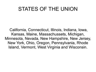 STATES OF THE UNION

California, Connecticut, Illinois, Indiana, Iowa,
Kansas, Maine, Massachussets, Michigan,
Minnesota, Nevada, New Hampshire, New Jersey,
New York, Ohio, Oregon, Pennsylvania, Rhode
Island, Vermont, West Virginia and Wisconsin.

 