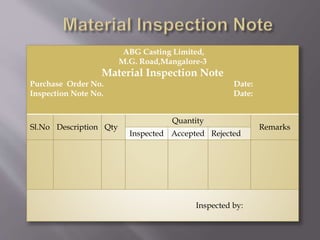 Gold Inspection Note ISO PURCHASING PROCEDURE , SALES RECORD, VALUATION OF INVENTORY | PPTX