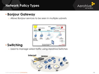 © 2014 Aerohive Networks CONFIDENTIAL
• Bonjour Gateway
› Allows Bonjour services to be seen in multiple subnets
• Switching
› Used to manage wired traffic using Aerohive Switches
Network Policy Types
115
Internet
AP
AP
PoE
SR2024
AP
 