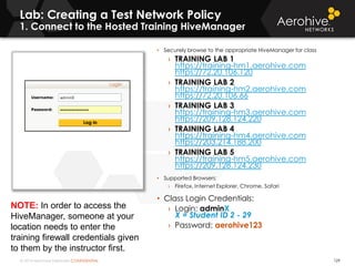 © 2014 Aerohive Networks CONFIDENTIAL
Lab: Creating a Test Network Policy
1. Connect to the Hosted Training HiveManager
129
• Securely browse to the appropriate HiveManager for class
› TRAINING LAB 1
https://training-hm1.aerohive.com
https://72.20.106.120
› TRAINING LAB 2
https://training-hm2.aerohive.com
https://72.20.106.66
› TRAINING LAB 3
https://training-hm3.aerohive.com
https://209.128.124.220
› TRAINING LAB 4
https://training-hm4.aerohive.com
https://203.214.188.200
› TRAINING LAB 5
https://training-hm5.aerohive.com
https://209.128.124.230
• Supported Browsers:
› Firefox, Internet Explorer, Chrome, Safari
• Class Login Credentials:
› Login: adminX
X = Student ID 2 - 29
› Password: aerohive123
NOTE: In order to access the
HiveManager, someone at your
location needs to enter the
training firewall credentials given
to them by the instructor first.
 