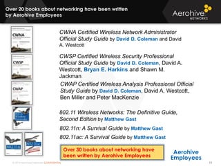 © 2014 Aerohive Networks CONFIDENTIAL
Over 20 books about networking have been written
by Aerohive Employees
13
CWNA Certified Wireless Network Administrator
Official Study Guide by David D. Coleman and David
A. Westcott
CWSP Certified Wireless Security Professional
Official Study Guide by David D. Coleman, David A.
Westcott, Bryan E. Harkins and Shawn M.
Jackman
CWAP Certified Wireless Analysis Professional Official
Study Guide by David D. Coleman, David A. Westcott,
Ben Miller and Peter MacKenzie
802.11 Wireless Networks: The Definitive Guide,
Second Edition by Matthew Gast
802.11n: A Survival Guide by Matthew Gast
Aerohive
Employees
802.11ac: A Survival Guide by Matthew Gast
Over 30 books about networking have
been written by Aerohive Employees
 