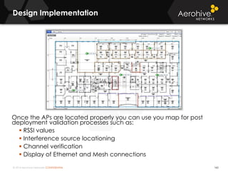 © 2014 Aerohive Networks CONFIDENTIAL
Design Implementation
165
Once the APs are located properly you can use you map for post
deployment validation processes such as:
 RSSI values
 Interference source locationing
 Channel verification
 Display of Ethernet and Mesh connections
 
