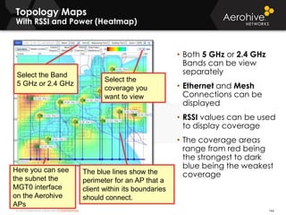© 2014 Aerohive Networks CONFIDENTIAL
Topology Maps
With RSSI and Power (Heatmap)
166
• Both 5 GHz or 2.4 GHz
Bands can be view
separately
• Ethernet and Mesh
Connections can be
displayed
• RSSI values can be used
to display coverage
• The coverage areas
range from red being
the strongest to dark
blue being the weakest
coverageThe blue lines show the
perimeter for an AP that a
client within its boundaries
should connect.
Select the Band
5 GHz or 2.4 GHz
Select the
coverage you
want to view
Here you can see
the subnet the
MGT0 interface
on the Aerohive
APs
 