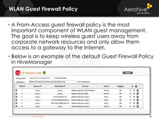 © 2014 Aerohive Networks CONFIDENTIAL
WLAN Guest Firewall Policy
236
• A From-Access guest firewall policy is the most
important component of WLAN guest management.
The goal is to keep wireless guest users away from
corporate network resources and only allow them
access to a gateway to the Internet.
• Below is an example of the default Guest Firewall Policy
in HiveManager
 