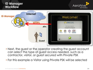 © 2014 Aerohive Networks CONFIDENTIAL
Internet
ID Manager
Workflow
253
• Next, the guest or the operator creating the guest account
can select the type of guest access needed, such as a
contractor, visitor, or guest secured with Private PSK
• For this example a Visitor using Private PSK will be selected
APs
Guest
HTTPS
ID Manager
 