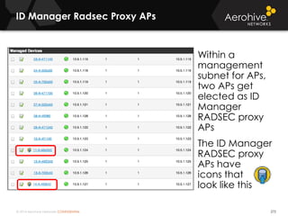 © 2014 Aerohive Networks CONFIDENTIAL
ID Manager Radsec Proxy APs
272
Within a
management
subnet for APs,
two APs get
elected as ID
Manager
RADSEC proxy
APs
The ID Manager
RADSEC proxy
APs have
icons that
look like this
 