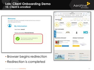 © 2014 Aerohive Networks CONFIDENTIAL 342
Lab: Client Onboarding Demo
10. Client is enrolled
• Browser begins redirection
• Redirection is completed
 