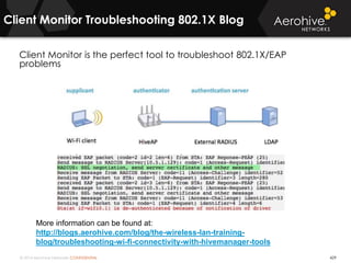 © 2014 Aerohive Networks CONFIDENTIAL
Client Monitor Troubleshooting 802.1X Blog
429
Client Monitor is the perfect tool to troubleshoot 802.1X/EAP
problems
More information can be found at:
http://blogs.aerohive.com/blog/the-wireless-lan-training-
blog/troubleshooting-wi-fi-connectivity-with-hivemanager-tools
 