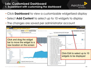 © 2014 Aerohive Networks CONFIDENTIAL
Lab: Customized Dashboard
1. Experiment with customizing the dashboard
490
• Click Dashboard to view a customizable widgetized display
• Select Add Content to select up to 10 widgets to display
• The changes are saved per administrator account
Click and drag the widget
bar to move the widget to a
new location on the screen
Click Edit to select up to 10
widgets to be displayed
 