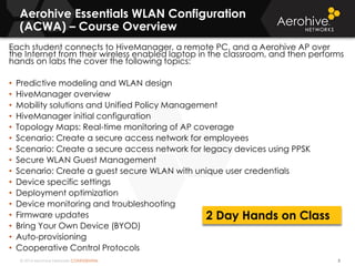 © 2014 Aerohive Networks CONFIDENTIAL
Aerohive Essentials WLAN Configuration
(ACWA) – Course Overview
5
Each student connects to HiveManager, a remote PC, and a Aerohive AP over
the Internet from their wireless enabled laptop in the classroom, and then performs
hands on labs the cover the following topics:
• Predictive modeling and WLAN design
• HiveManager overview
• Mobility solutions and Unified Policy Management
• HiveManager initial configuration
• Topology Maps: Real-time monitoring of AP coverage
• Scenario: Create a secure access network for employees
• Scenario: Create a secure access network for legacy devices using PPSK
• Secure WLAN Guest Management
• Scenario: Create a guest secure WLAN with unique user credentials
• Device specific settings
• Deployment optimization
• Device monitoring and troubleshooting
• Firmware updates
• Bring Your Own Device (BYOD)
• Auto-provisioning
• Cooperative Control Protocols
2 Day Hands on Class
 