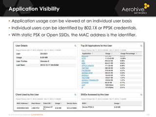 © 2014 Aerohive Networks CONFIDENTIAL
Copyright ©2011
500
Application Visibility
• Application usage can be viewed at an individual user basis
• Individual users can be identified by 802.1X or PPSK credentials.
• With static PSK or Open SSIDs, the MAC address is the identifier.
 