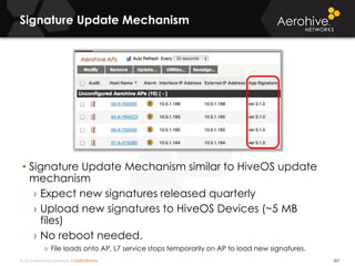© 2014 Aerohive Networks CONFIDENTIAL
Signature Update Mechanism
501
• Signature Update Mechanism similar to HiveOS update
mechanism
› Expect new signatures released quarterly
› Upload new signatures to HiveOS Devices (~5 MB
files)
› No reboot needed.
» File loads onto AP, L7 service stops temporarily on AP to load new signatures.
 