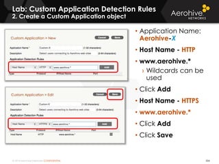 © 2014 Aerohive Networks CONFIDENTIAL 506
Lab: Custom Application Detection Rules
2. Create a Custom Application object
• Application Name:
Aerohive-X
• Host Name - HTTP
• www.aerohive.*
› Wildcards can be
used
• Click Add
• Host Name - HTTPS
• www.aerohive.*
• Click Add
• Click Save
 
