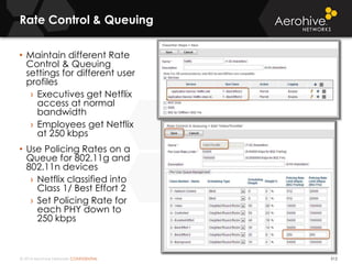 © 2014 Aerohive Networks CONFIDENTIAL
Rate Control & Queuing
512
• Maintain different Rate
Control & Queuing
settings for different user
profiles
› Executives get Netflix
access at normal
bandwidth
› Employees get Netflix
at 250 kbps
• Use Policing Rates on a
Queue for 802.11g and
802.11n devices
› Netflix classified into
Class 1/ Best Effort 2
› Set Policing Rate for
each PHY down to
250 kbps
 