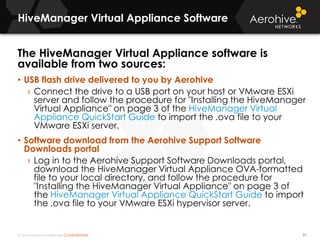 © 2014 Aerohive Networks CONFIDENTIAL
HiveManager Virtual Appliance Software
71
The HiveManager Virtual Appliance software is
available from two sources:
• USB flash drive delivered to you by Aerohive
› Connect the drive to a USB port on your host or VMware ESXi
server and follow the procedure for "Installing the HiveManager
Virtual Appliance" on page 3 of the HiveManager Virtual
Appliance QuickStart Guide to import the .ova file to your
VMware ESXi server.
• Software download from the Aerohive Support Software
Downloads portal
› Log in to the Aerohive Support Software Downloads portal,
download the HiveManager Virtual Appliance OVA-formatted
file to your local directory, and follow the procedure for
"Installing the HiveManager Virtual Appliance" on page 3 of
the HiveManager Virtual Appliance QuickStart Guide to import
the .ova file to your VMware ESXi hypervisor server.
 