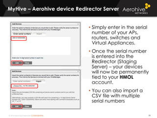 © 2014 Aerohive Networks CONFIDENTIAL
MyHive – Aerohive device Redirector Server
79
• Simply enter in the serial
number of your APs,
routers, switches and
Virtual Appliances.
• Once the serial number
is entered into the
Redirector (Staging
Server) – your devices
will now be permanently
tied to your HMOL
account.
• You can also import a
CSV file with multiple
serial numbers
 