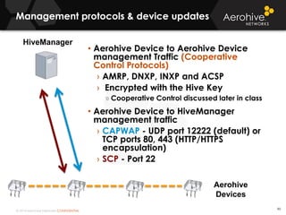© 2014 Aerohive Networks CONFIDENTIAL
Management protocols & device updates
90
HiveManager
• Aerohive Device to Aerohive Device
management Traffic (Cooperative
Control Protocols)
› AMRP, DNXP, INXP and ACSP
› Encrypted with the Hive Key
» Cooperative Control discussed later in class
• Aerohive Device to HiveManager
management traffic
› CAPWAP - UDP port 12222 (default) or
TCP ports 80, 443 (HTTP/HTTPS
encapsulation)
› SCP - Port 22
Aerohive
Devices
 