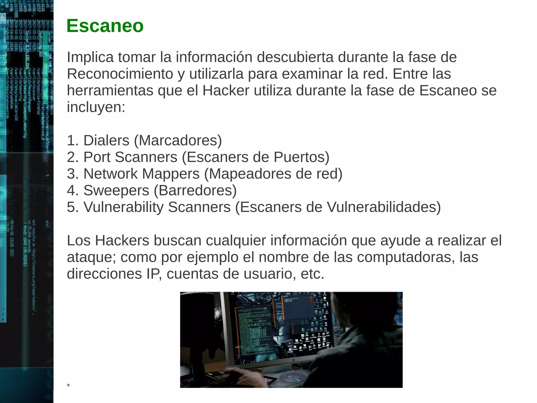 Auditorias de Seguridad 
Las auditorias de Seguridad implican realizar una medición de las 
cosas contra un conjunto de estándares riguroso, previamente 
determinado y fijo. Estas auditorias son casi siempre hechas con 
listas de verificación detalladas. 
Algunas organizaciones de Pruebas de Penetración y Hacking Ëtico 
han creado sus propias listas de verificación internas para temas 
requeridos de ser descubiertos durante una prueba, pero esas listas 
de verificación no son tan detalladas como una auditoria exhaustiva. 
* 
 
