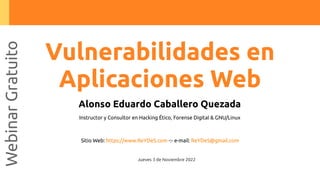 Vulnerabilidades en
Aplicaciones Web
Webinar
Gratuito
Alonso Eduardo Caballero Quezada
Instructor y Consultor en Hacking Ético, Forense Digital & GNU/Linux
Sitio Web: https://www.ReYDeS.com -:- e-mail: ReYDeS@gmail.com
Jueves 3 de Noviembre 2022
 