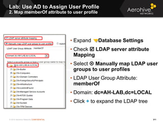 © 2014 Aerohive Networks CONFIDENTIAL
Lab: Use AD to Assign User Profile
2. Map memberOf attribute to user profile
211
• E...
