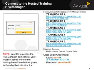© 2014 Aerohive Networks CONFIDENTIAL
Connect to the Hosted Training
HiveManager
26
• Securely browse to the assigned Hive...