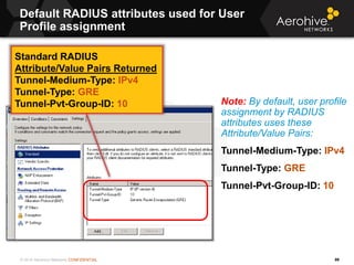 © 2014 Aerohive Networks CONFIDENTIAL
Default RADIUS attributes used for User
Profile assignment
99
Note: By default, user...