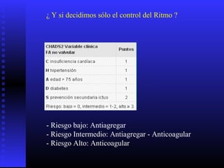 - Riesgo bajo: Antiagregar
- Riesgo Intermedio: Antiagregar - Anticoagular
- Riesgo Alto: Anticoagular
¿ Y si decidimos sólo el control del Ritmo ?
 