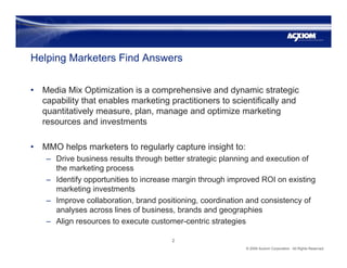 Helping Marketers Find Answers


•   Media Mix Optimization is a comprehensive and dynamic strategic
    capability that e...