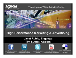 Tweeting now? Use #AcxiomSeries




  High Performance Marketing & Advertising
                          Janet Rubio, Engauge
                           Tim Suther, Acxiom


www.facebook.com    www.linkedin.com   www.twitter.com    www.youtube.com      www.delicious.com
  /acxiomcorp      /companies/acxiom      /acxiom      /user/AcxiomCorporation     /Acxiom
 