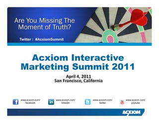 Twitter #A i S
   T itt : #AcxiomSummit
                      it




      Acxiom Interactive
    Marketing Summit 2011
                                                        April 4, 2011
                                                  San Francisco, California


    www.acxiom.com/
    www acxiom com/                               www.acxiom.com/
                                                  www acxiom com/    www.acxiom.com/
                                                                     www acxiom com/   www.acxiom.com/
                                                                                       www acxiom com/
       facebook                                       linkedin           twitter          youtube


© 2011 Acxiom Corporation. All Rights Reserved.
 
