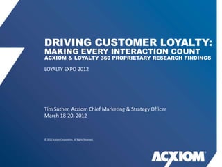 DRIVING CUSTOMER LOYALTY:
MAKING EVERY INTERACTION COUNT
ACXIOM & LOYALTY 360 PROPRIETARY RESEARCH FINDINGS

LOYALTY EXPO 2012




Tim Suther, Acxiom Chief Marketing & Strategy Officer
March 18-20, 2012



© 2012 Acxiom Corporation. All Rights Reserved.
 