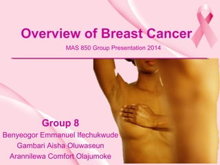 Overview of Breast Cancer 
MAS 850 Group Presentation 2014 
Group 8 
Benyeogor Emmanuel Ifechukwude 
Gambari Aisha Oluwaseun 
Arannilewa Comfort Olajumoke 
 