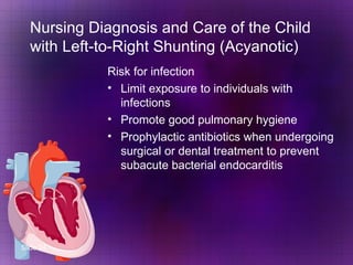 Nursing Diagnosis and Care of the Child with Left-to-Right Shunting (Acyanotic) <ul><li>Risk for infection </li></ul><ul><...