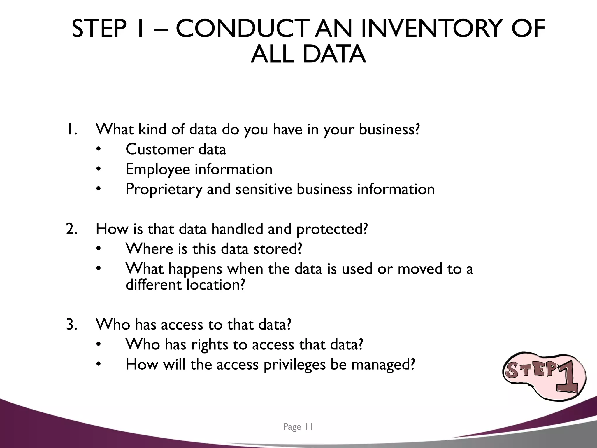 STEP 1 – CONDUCT AN INVENTORY OF
ALL DATA
1. What kind of data do you have in your business?
• Customer data
• Employee information
• Proprietary and sensitive business information
2. How is that data handled and protected?
• Where is this data stored?
• What happens when the data is used or moved to a
different location?
3. Who has access to that data?
• Who has rights to access that data?
• How will the access privileges be managed?
Page 11
 