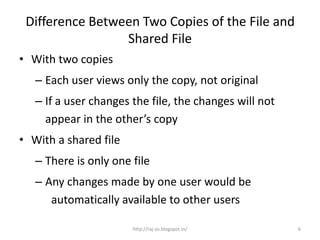 Difference Between Two Copies of the File and
                 Shared File
• With two copies
   – Each user views only the copy, not original
   – If a user changes the file, the changes will not
     appear in the other’s copy
• With a shared file
   – There is only one file
   – Any changes made by one user would be
      automatically available to other users

                       http://raj-os.blogspot.in/       6
 