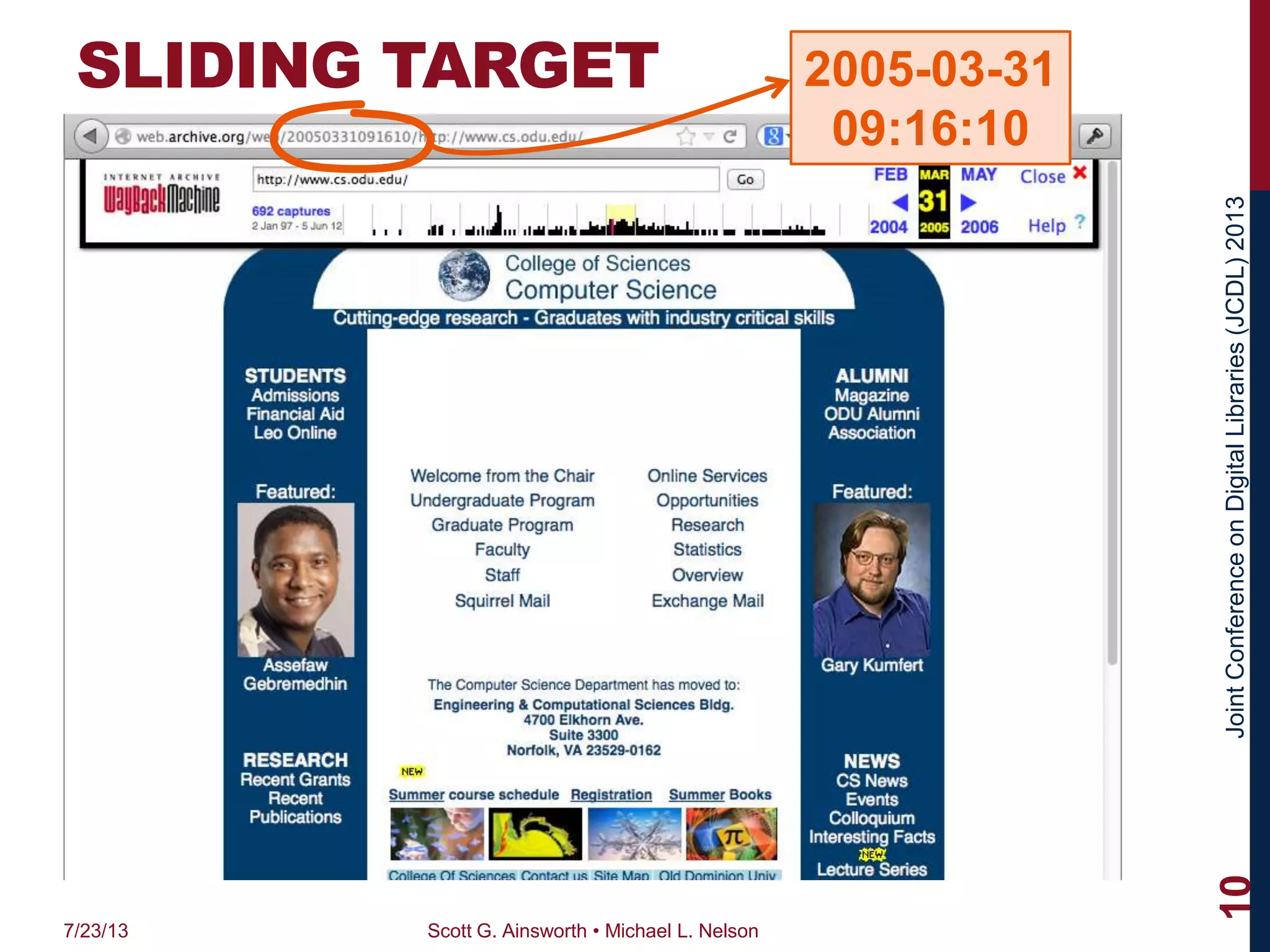 JointConferenceonDigitalLibraries(JCDL)2013
SLIDING TARGET
7/23/13 Scott G. Ainsworth • Michael L. Nelson
10
2005-03-31
09:16:10
 