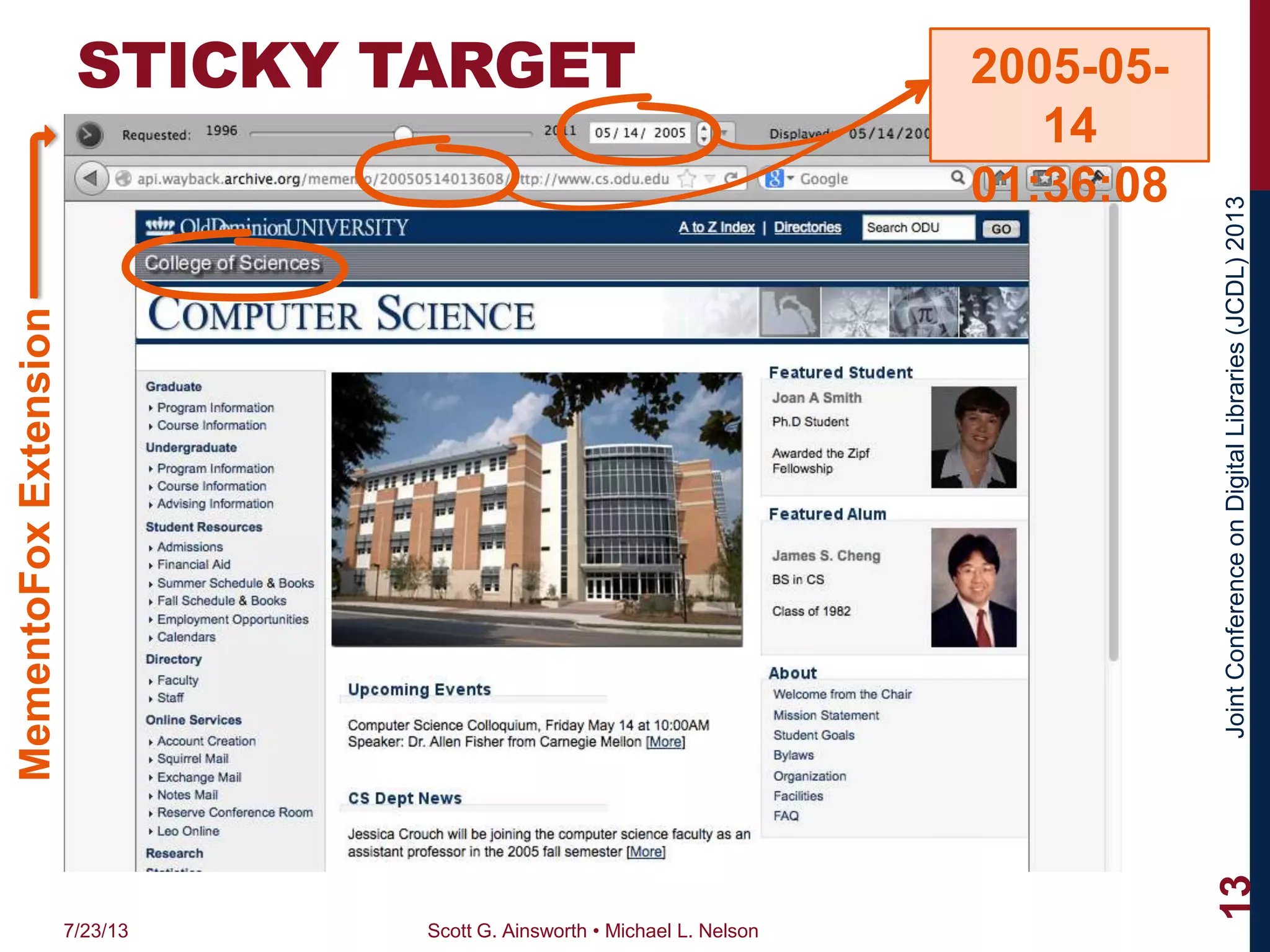 JointConferenceonDigitalLibraries(JCDL)2013
2005-05-
14
2005-05-
14
01:36:08
STICKY TARGET
7/23/13 Scott G. Ainsworth • Michael L. Nelson
13
MementoFoxExtension
 