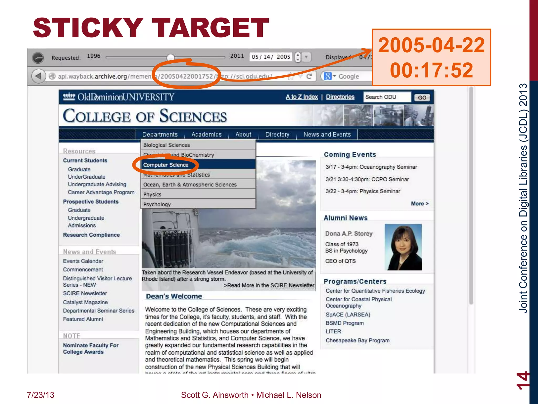 JointConferenceonDigitalLibraries(JCDL)2013
STICKY TARGET
7/23/13 Scott G. Ainsworth • Michael L. Nelson
14
2005-04-22
00:17:52
 