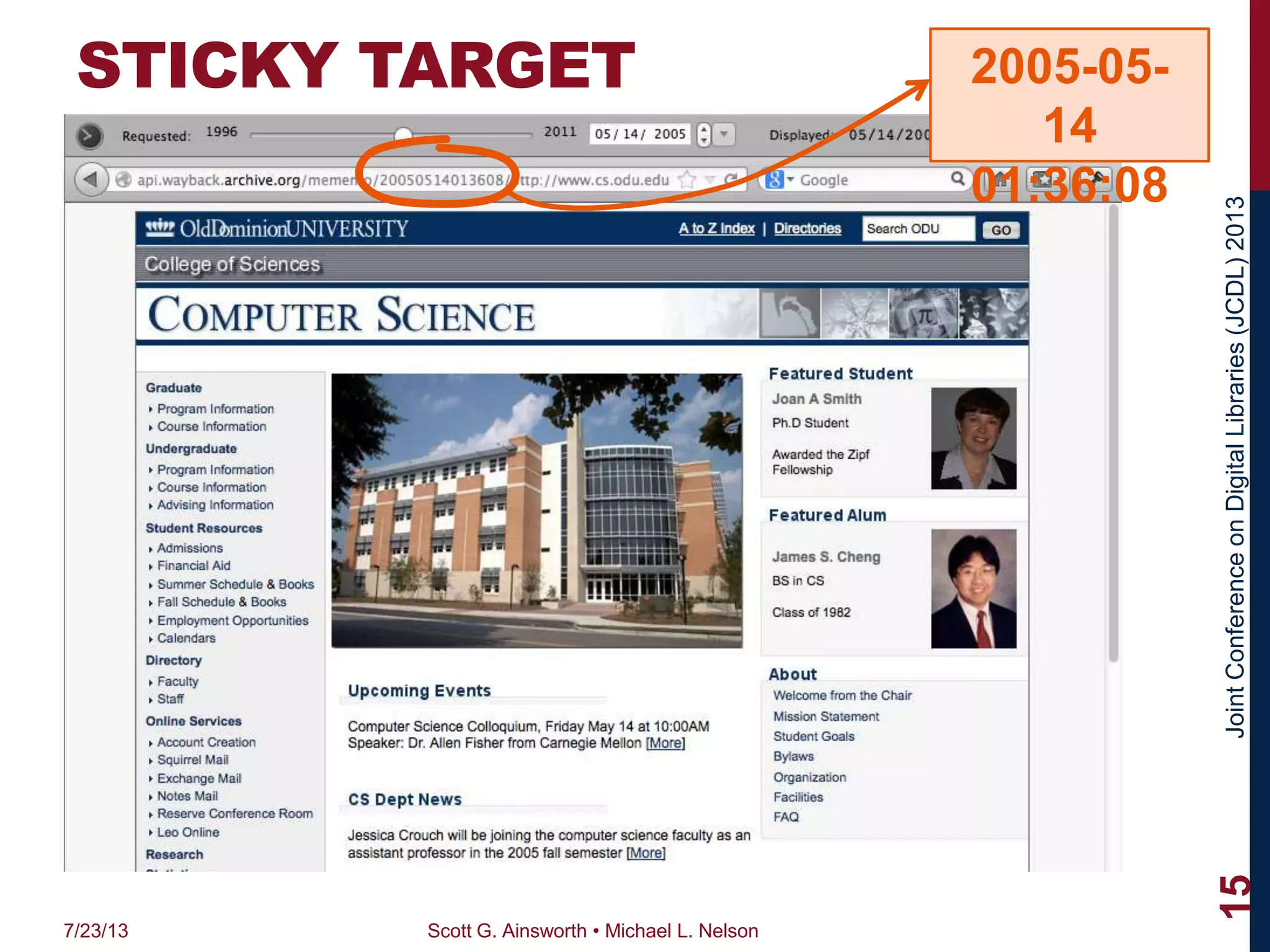JointConferenceonDigitalLibraries(JCDL)2013
STICKY TARGET
7/23/13 Scott G. Ainsworth • Michael L. Nelson
15
2005-05-
14
01:36:08
 