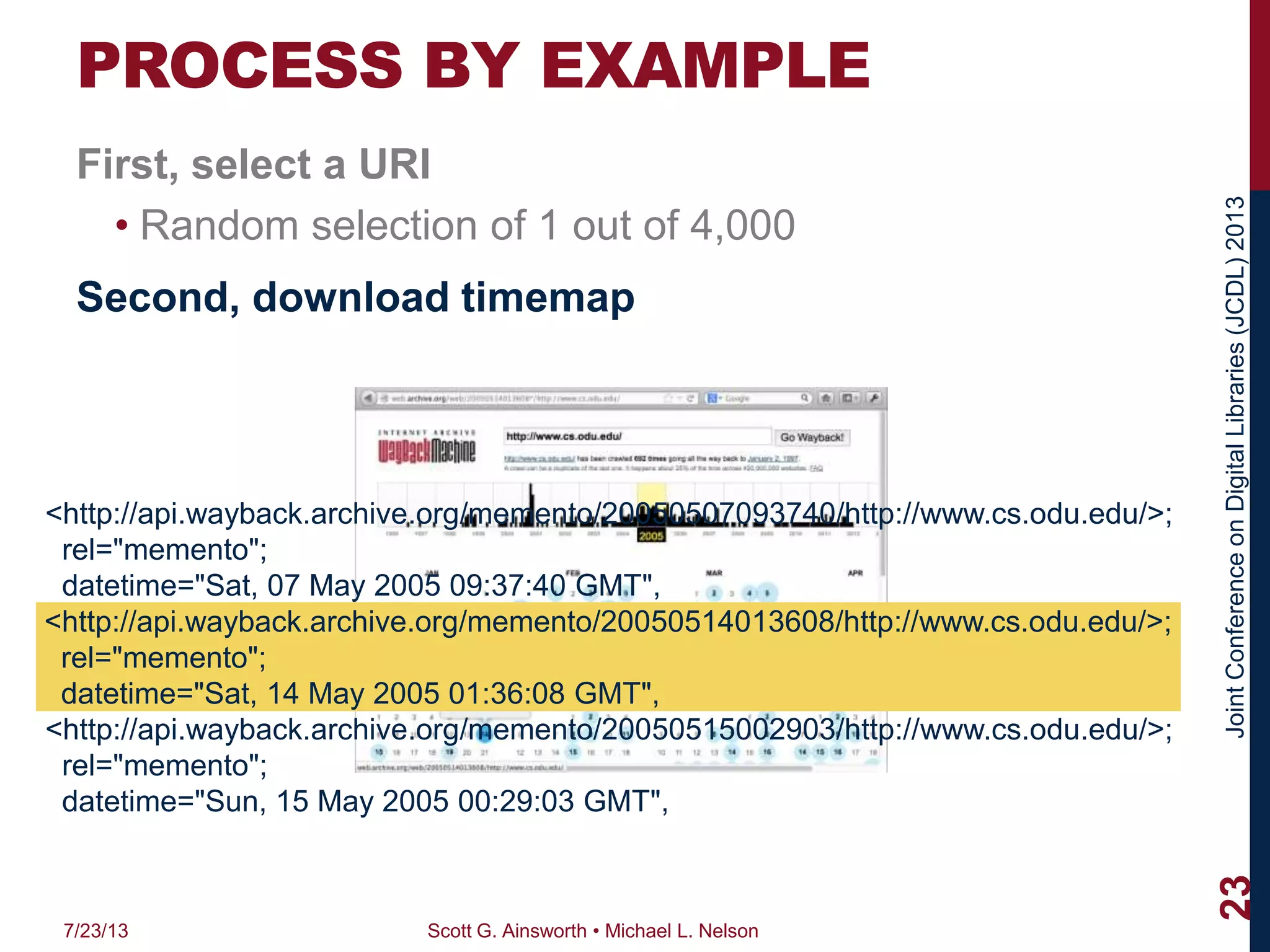 JointConferenceonDigitalLibraries(JCDL)2013
PROCESS BY EXAMPLE
First, select a URI
• Random selection of 1 out of 4,000
Second, download timemap
7/23/13 Scott G. Ainsworth • Michael L. Nelson
23
<http://api.wayback.archive.org/memento/20050507093740/http://www.cs.odu.edu/>;
rel="memento";
datetime="Sat, 07 May 2005 09:37:40 GMT",
<http://api.wayback.archive.org/memento/20050514013608/http://www.cs.odu.edu/>;
rel="memento";
datetime="Sat, 14 May 2005 01:36:08 GMT",
<http://api.wayback.archive.org/memento/20050515002903/http://www.cs.odu.edu/>;
rel="memento";
datetime="Sun, 15 May 2005 00:29:03 GMT",
<http://api.wayback.archive.org/memento/20050514013608/http://www.cs.odu.edu/>;
rel="memento";
datetime="Sat, 14 May 2005 01:36:08 GMT",
 