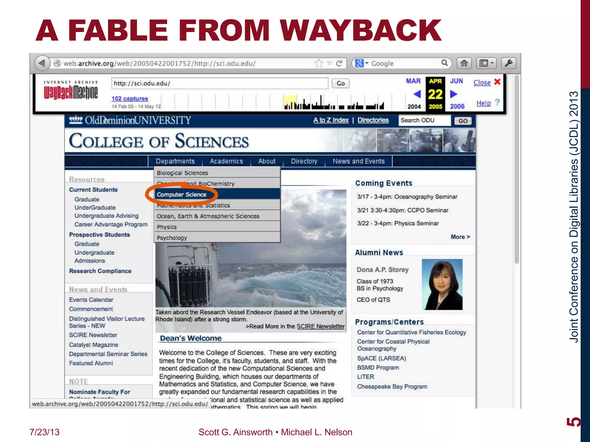 JointConferenceonDigitalLibraries(JCDL)2013
A FABLE FROM WAYBACK
7/23/13 Scott G. Ainsworth • Michael L. Nelson
5
 